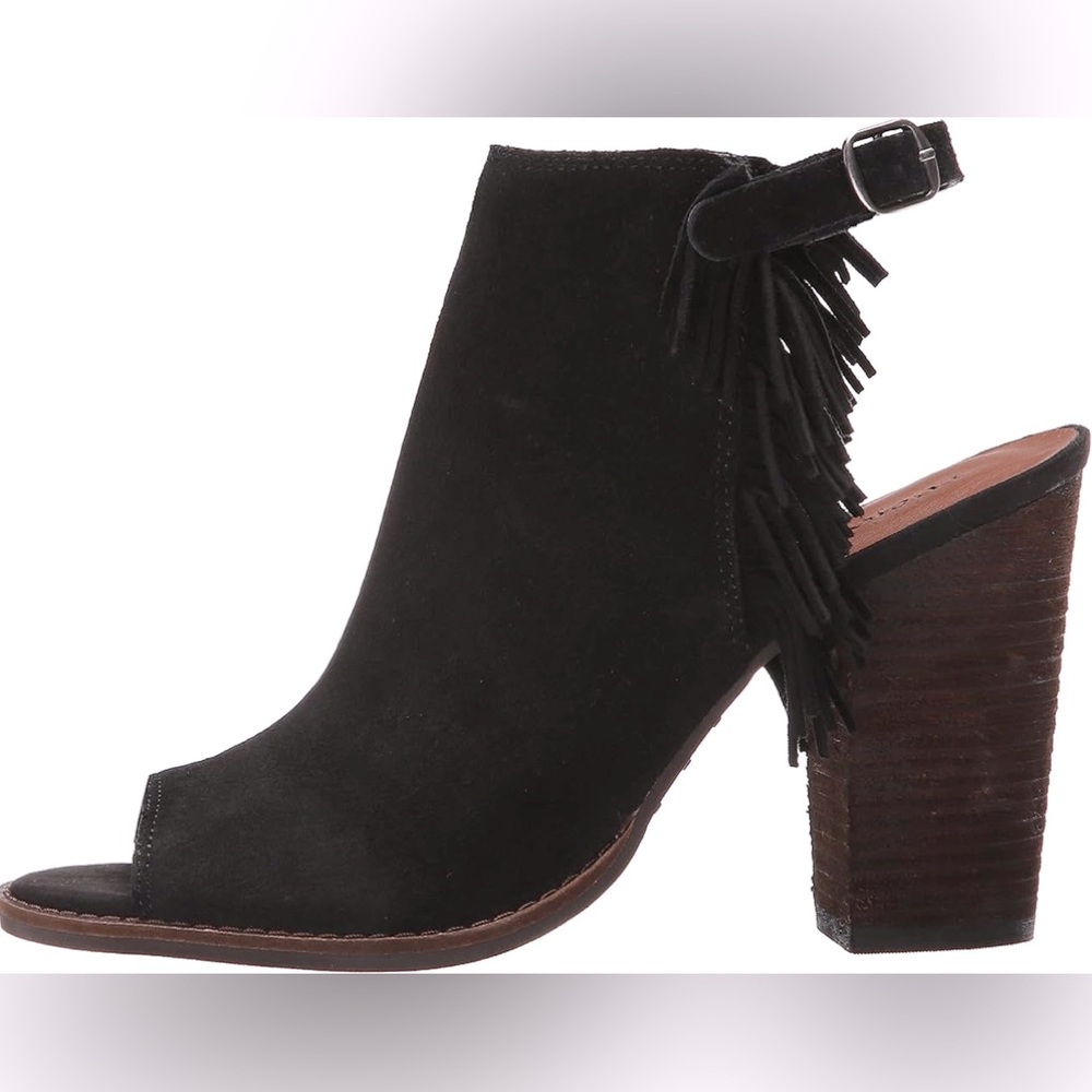Lucky Brand Lantau Black Suede Fringe Heels - Size 8. - Picture 1 of 6